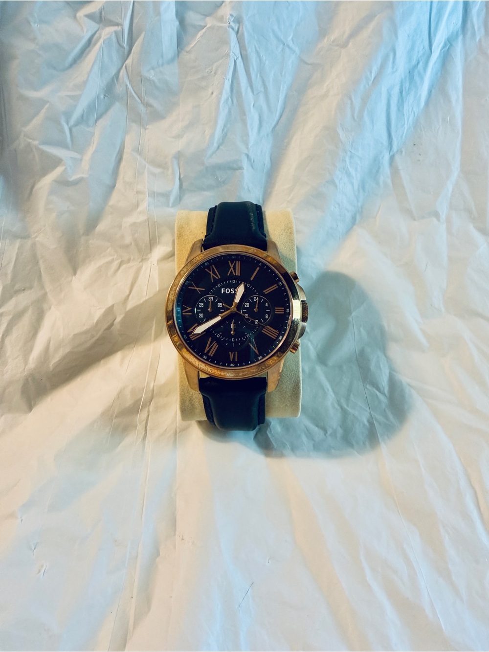 Fossil Grant FS4835 Men’s Chronograph Watch Rose Gold Blue Dial Leather 44mm